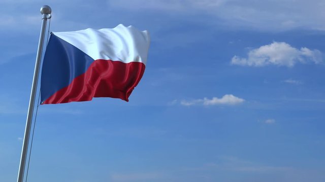 Commercial airplane landing behind waving Czech flag. Travel to the Czech Republic conceptual animation