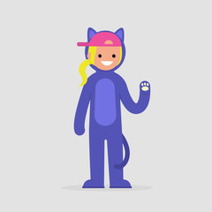 Young female character wearing a cat costume. Funny cosplay outfit. Flat editable vector illustration, clip art