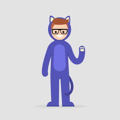 Young character wearing a cat costume. Funny cosplay outfit. Flat editable vector illustration, clip art