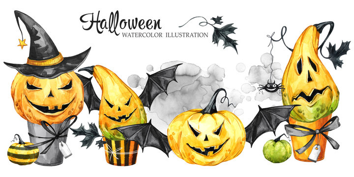 Watercolor border, set of cakes with cartoon pumpkins. Halloween holiday illustration. Funny dessert. Magic, symbol of horror. Baby background. Can be use in holidays design.