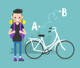 Young character traveling by bicycle from A to B. Flat editable vector, clip art