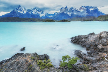 Fototapeta na wymiar Lake Pehoe at the dusk. Torres del Paine National Park in southern Chile, Patagonia