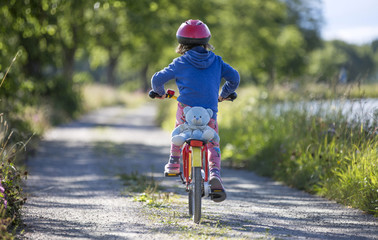 Back view of little girl on the bike in Swedish landscape
