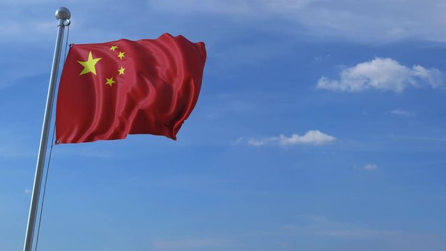 Commercial airplane landing behind waving Chinese flag. Travel to China conceptual animation