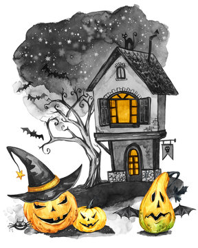 Watercolor landscape. Old house, cemetery and holidays pumpkins. Halloween holiday illustration. Magic, symbol of horror. Scary Night. Can be use in holidays design, posters, invitations.