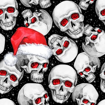 Watercolor seamless pattern with sketchy skulls in Santa hat. Cretive New Year. Celebration illustration. Can be use in winter holidays design, posters, invitations.