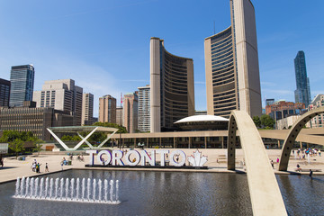 Toronto City Hall Nathan Phillips Square on Sunny Summer Day