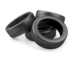 Pile of four new black tyres for car. Isolated on white background 3d image.