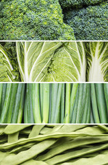 Collage of healthy green vegetables foods