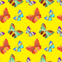 Fototapeta na wymiar Seamless pattern of colorful embroidered butterflies on a background, vector illustration