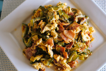 Stir Fried Bitter Melon with Eggs and bacon