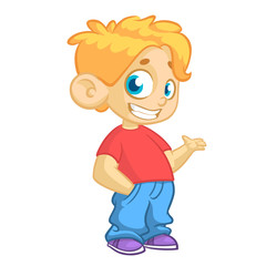 Cute blonde young boy waving and smiling. Vector cartoon  illustration of a teenager in red t-shirt presenting. Icon