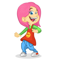 Vector color cartoon image of a cute teenage girl in fashion clothes. Little girl with pink hair. Little girl is dancing and smiling on a white background. Color image with outlines. 