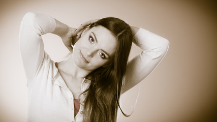 Naklejka premium Woman long straight hair vintage portrait