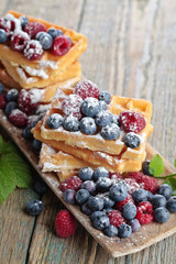 Waffles with raspberry and blueberry