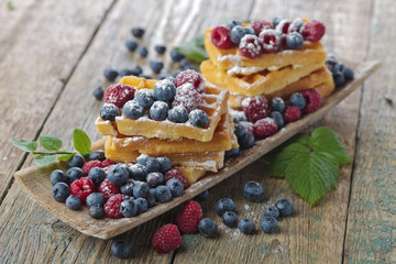 Waffles with raspberry and blueberry