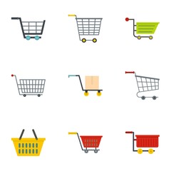 Supermarket shop cart icon set, flat style