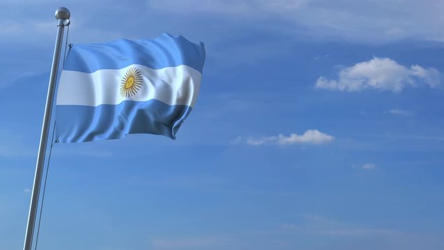 Commercial airplane landing behind waving Argentinian flag. Travel to Argentina conceptual animation