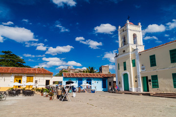 CAMAGUEY, CUBA - JAN 25, 2016: Colorful houses at San Juan de Dios square in Camaguey