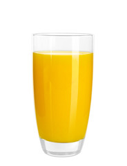 Glass of fresh orange juice on white background