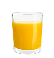 Glass of fresh orange juice on white background