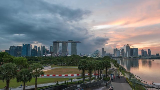 Singapore city skyline waterfront day to night timelapse, Singapore, 4K Time lapse