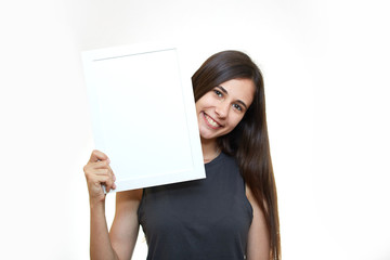 Naklejka premium Woman hold white paper banner isolated over white background business girl