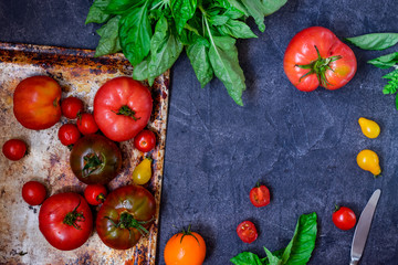 Top view colorful tomatoes, red tomatoes, yellow tomatoes, orange tomatoes with water drops on the dark concrete background. Space for text, selective focus