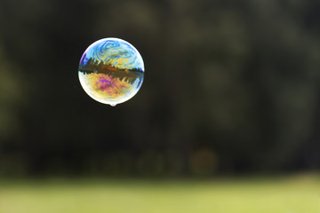 Soap bubble with the reflection of park and lake inside.