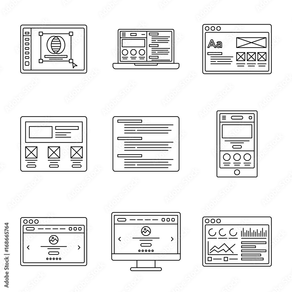 Wall mural Web development and wireframes line icons set. Collection of outline illustrations for website or logo design template