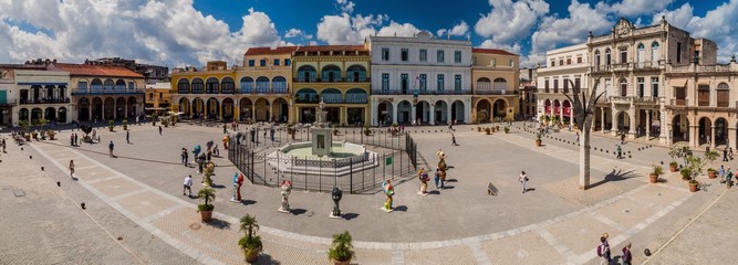 HAVANA, CUBA - FEB 23, 2016: Panorama of Plaza Vieja square in Havana Vieja