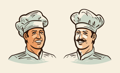 Portrait of cheerful chef, cook. Illustration for design menu restaurant or cafe. Vintage vector