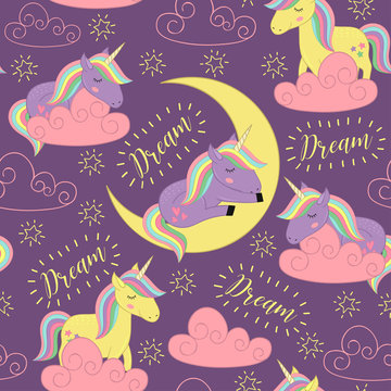 Fototapeta seamless pattern with sleeping unicorn  - vector illustration, eps