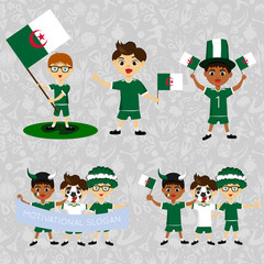 Set of boys with national flags of Algeria.. Blanks for the day of the flag, independence, nation day and other public holidays. The guys in sports form with the attributes of the football team