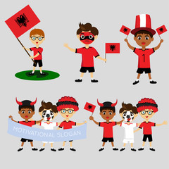 Set of boys with national flags of Albania. Blanks for the day of the flag, independence, nation day and other public holidays. The guys in sports form with the attributes of the football team