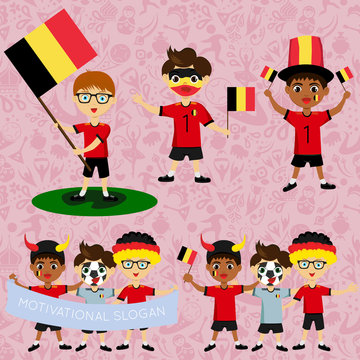 Set of boys with national flags of Belgium. Blanks for the day of the flag, independence, nation day and other public holidays. The guys in sports form with the attributes of the football team