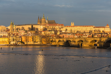 Charles bridge and Prague castle in winter, Prague, Czech Republic, Europe