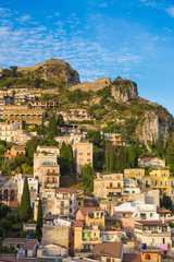Obraz premium Panoramic view on the pictoresque town of Taormina, Sicily, Italy
