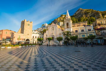 Taormina main square Piazza 9 Aprile, with San Giuseppe church and Corso Umberto street, Taormina, Sicily, Italy