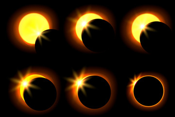 Solar eclipse in six different phases. Astronomical phenomenon of the closing of the shining sun by the moon.