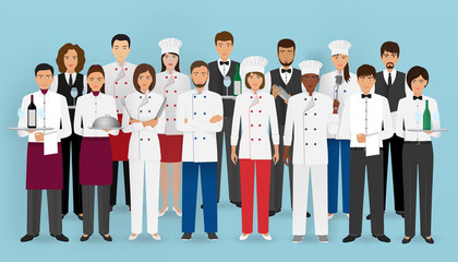 Restaurant team concept in uniform. Group of catering service characters: chef, cook, waiters and barman.