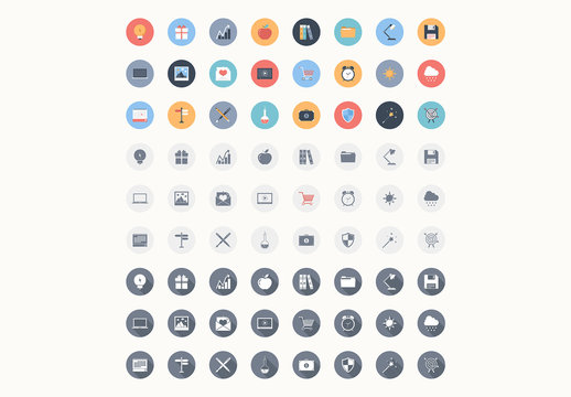 72 Round Color and Grayscale Icons 2