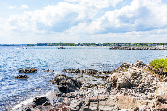 Cityscape Or Skyline Of Kennebunkport Town Beach With Ship And Coast