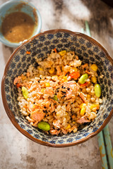 Salmon, edamame, brown rice meal pot with Japanese sesame sauce 
