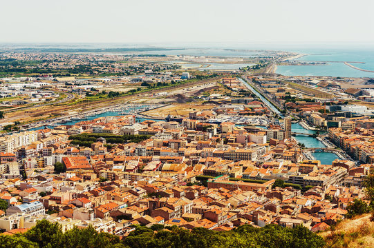 Sete - fascinating small town on the French Mediterranean coast known as the Venice of Languedoc, aerial view