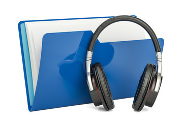 Blue music computer folder with headphones, 3D rendering