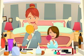 Mother and Daughter Applying Makeup