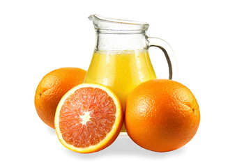 Delicious orange juice in jug with fruits isolated on white background