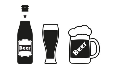Beer bottle, mug, and glass icon set. Vector illustration.