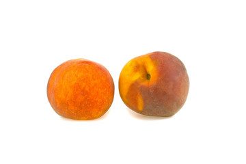 Two peaches on a white background
